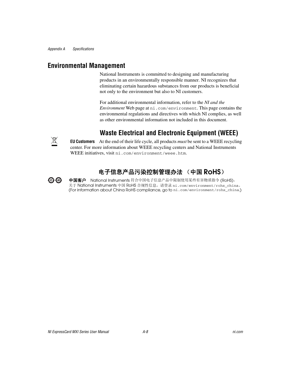 Rohs, Environmental management, Waste electrical and electronic equipment (weee) | ᄤֵᙃѻક∵ᶧ᥻ࠊㅵ⧚ࡲ⊩ ˄ё | National Instruments MXI Series User Manual | Page 28 / 40