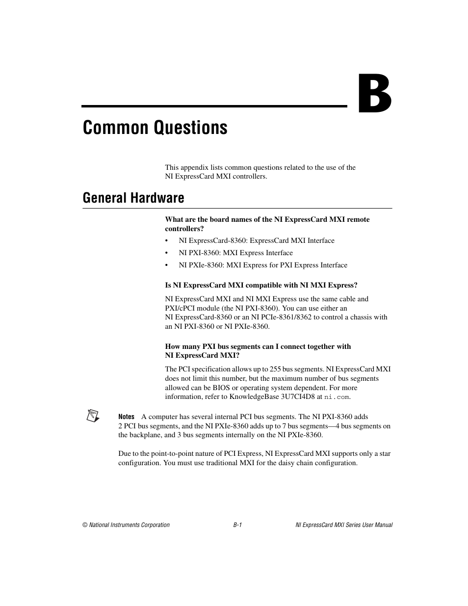 Appendix b common questions, Common questions, General hardware | National Instruments MXI Series User Manual | Page 29 / 40