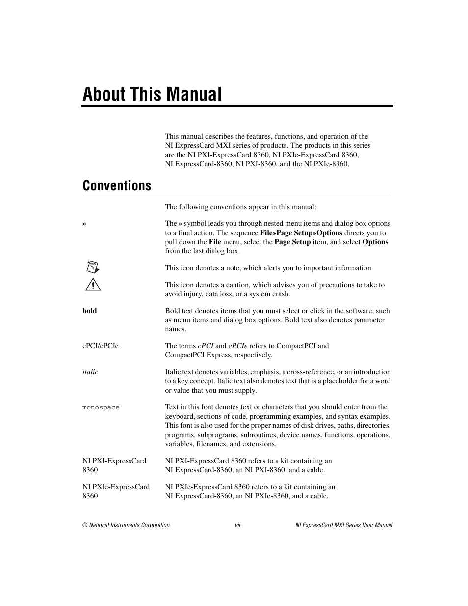About this manual, Conventions | National Instruments MXI Series User Manual | Page 7 / 40