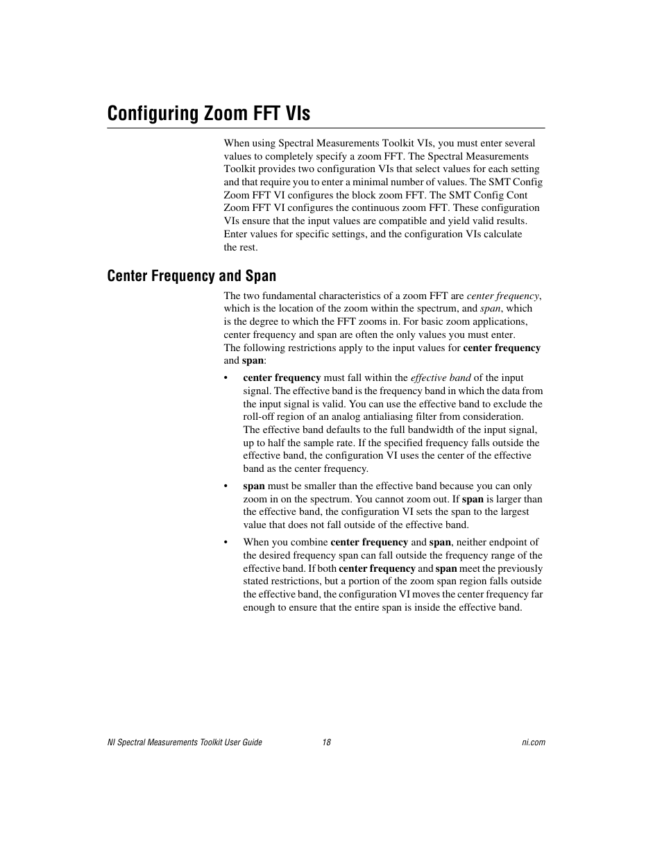 Configuring zoom fft vis, Center frequency and span | National Instruments NI Spectral Measurements Toolkit User Manual | Page 18 / 35