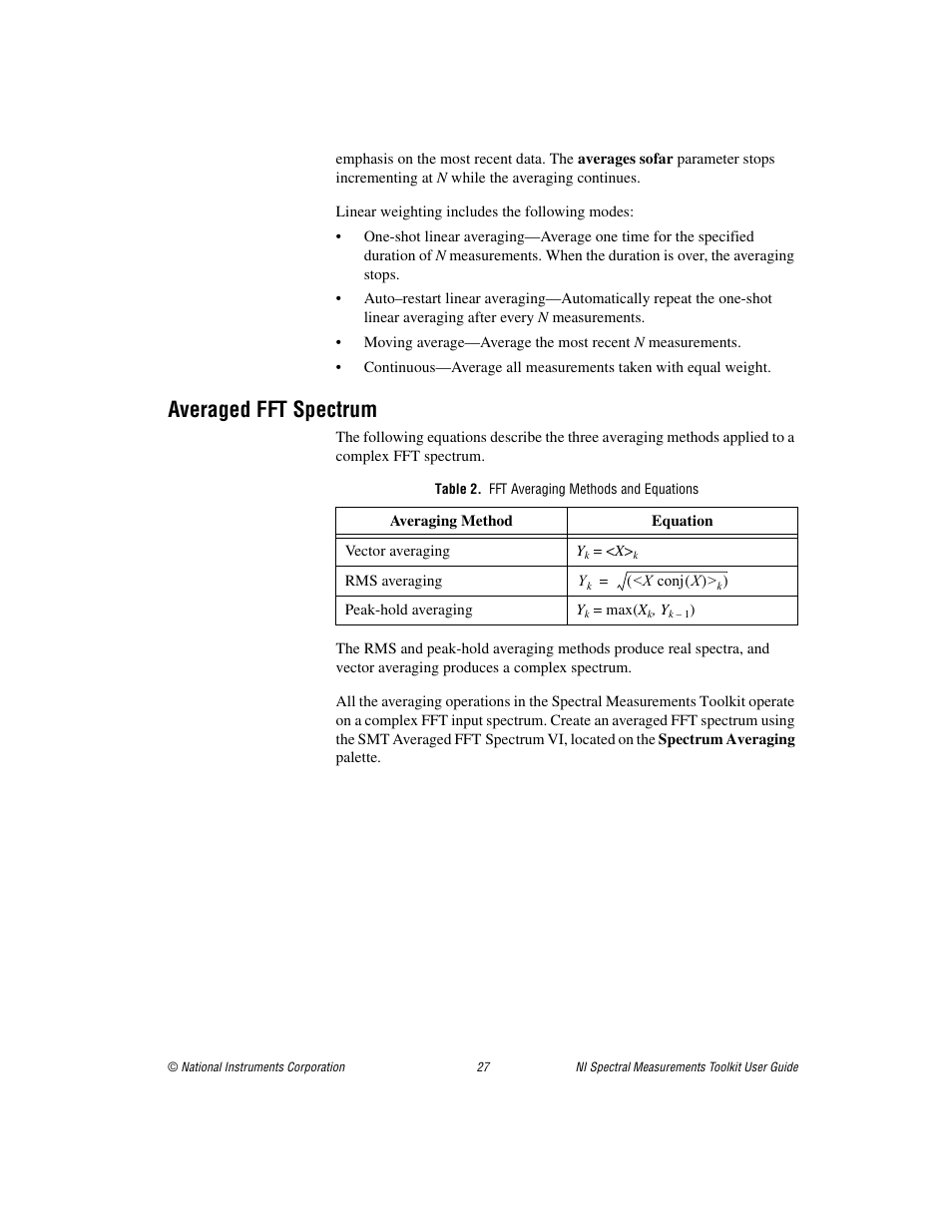 Averaged fft spectrum, Table 2. fft averaging methods and equations | National Instruments NI Spectral Measurements Toolkit User Manual | Page 27 / 35