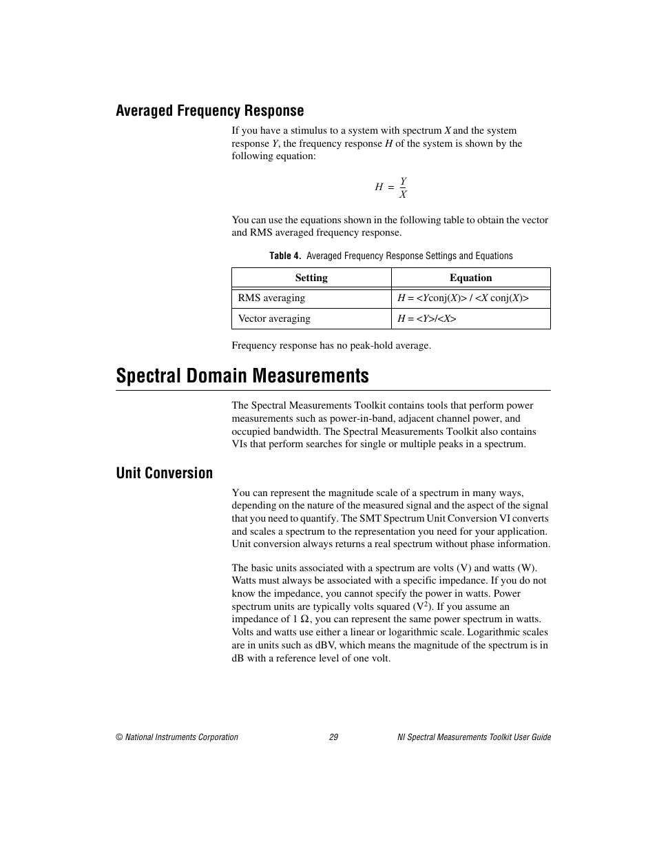 Averaged frequency response, Spectral domain measurements, Unit conversion | National Instruments NI Spectral Measurements Toolkit User Manual | Page 29 / 35