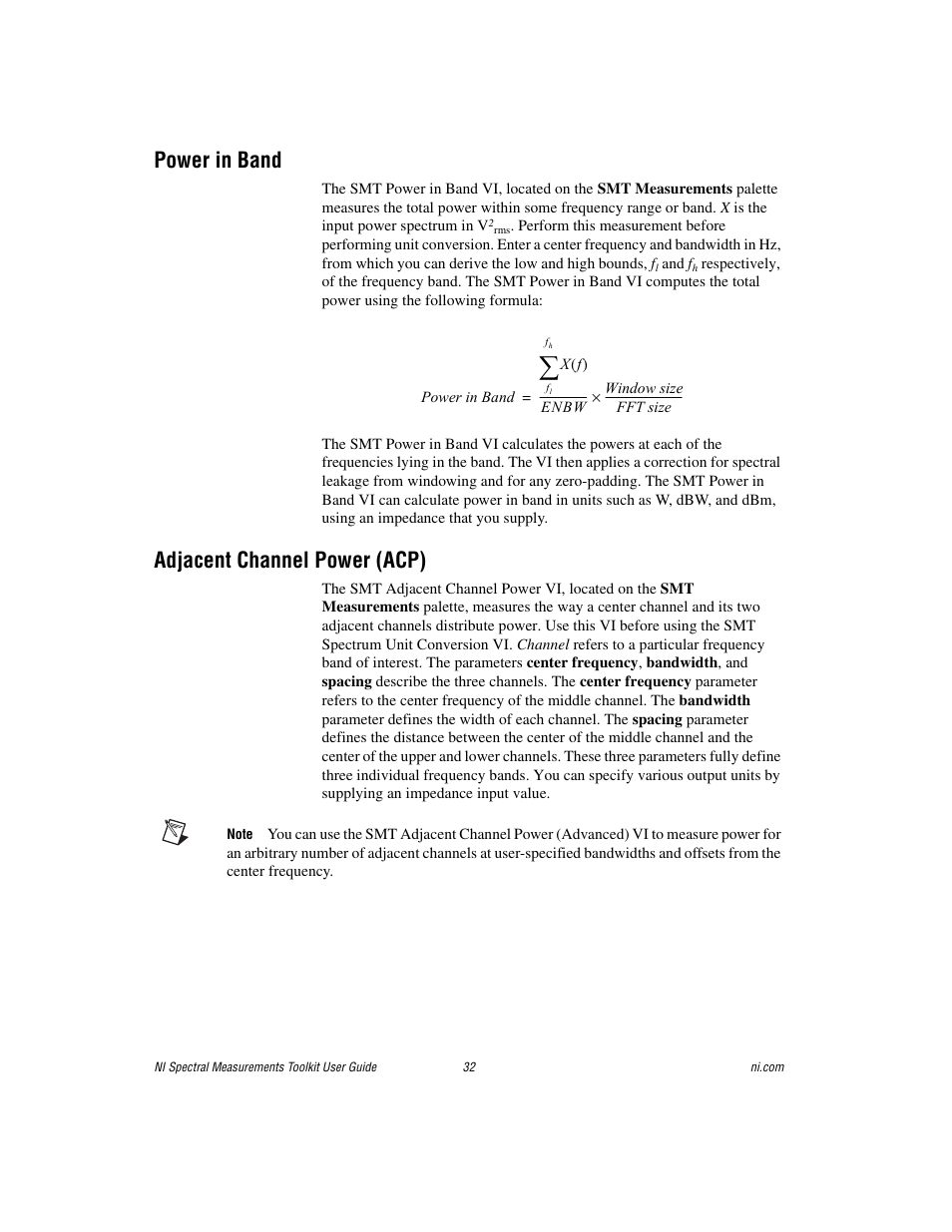 Power in band, Adjacent channel power (acp), Power in band adjacent channel power (acp) | National Instruments NI Spectral Measurements Toolkit User Manual | Page 32 / 35