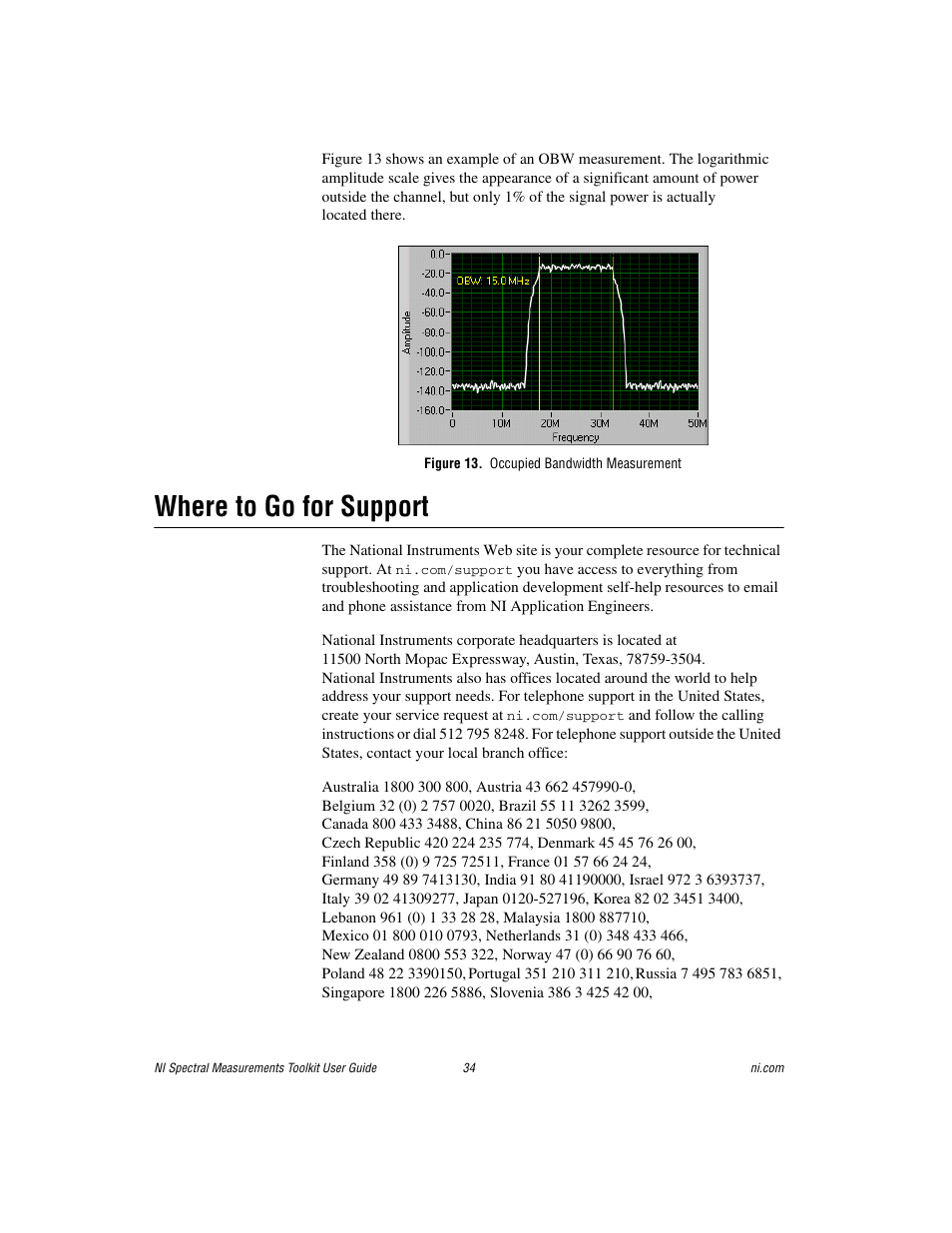 Figure 13. occupied bandwidth measurement, Where to go for support | National Instruments NI Spectral Measurements Toolkit User Manual | Page 34 / 35