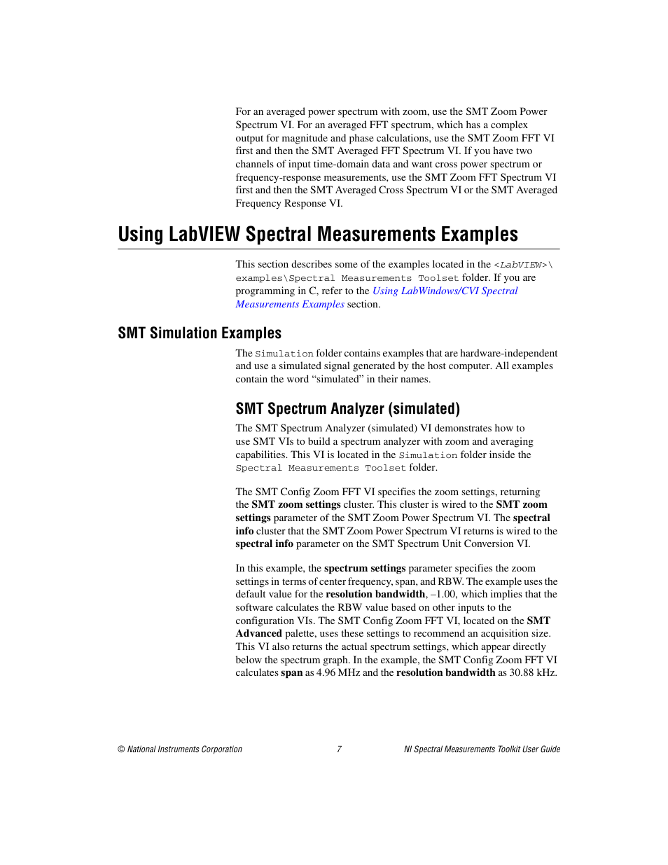 Using labview spectral measurements examples, Smt simulation examples, Smt spectrum analyzer (simulated) | National Instruments NI Spectral Measurements Toolkit User Manual | Page 7 / 35