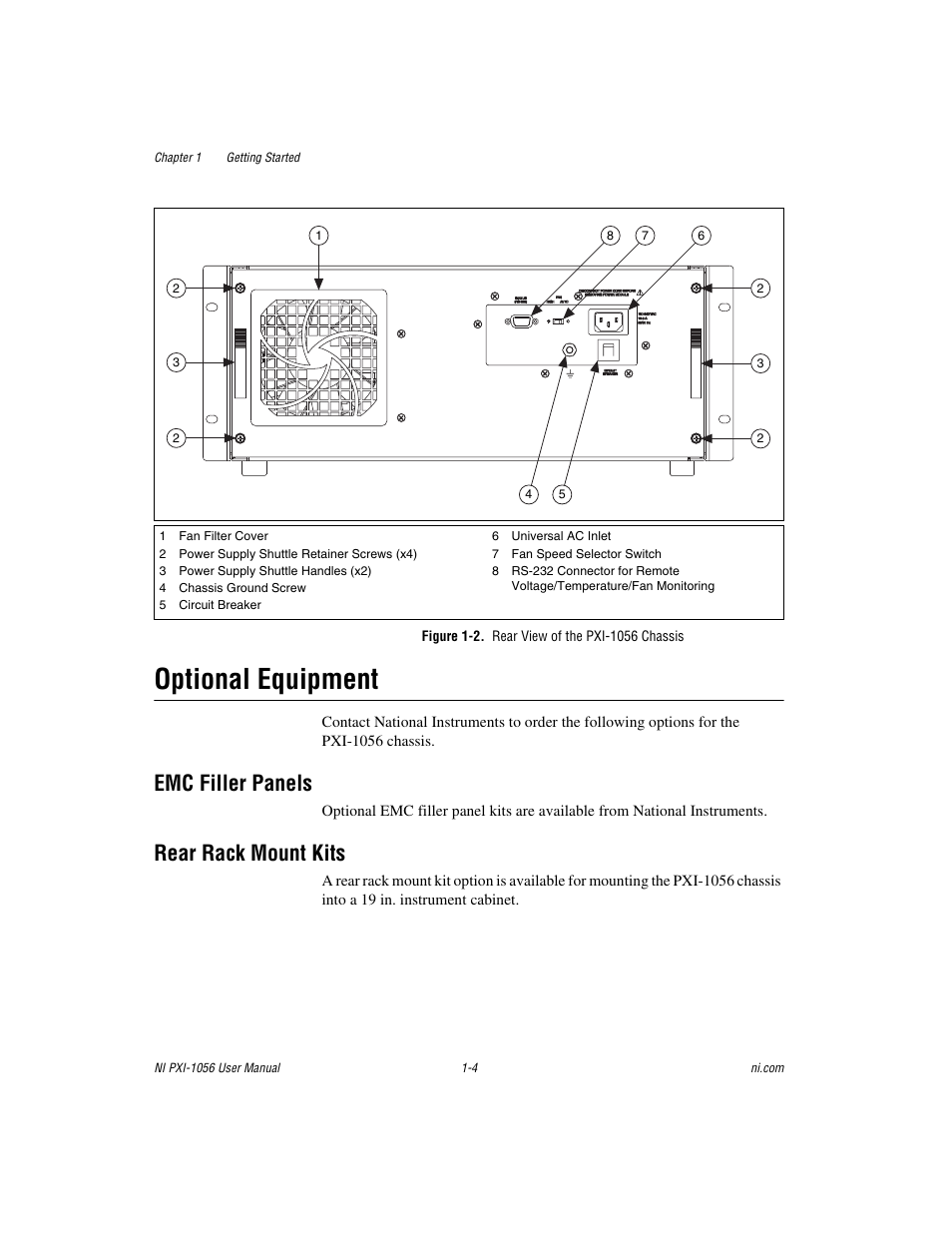 Figure 1-2. rear view of the pxi-1056 chassis, Optional equipment, Emc filler panels | Rear rack mount kits, Optional equipment -4, Emc filler panels -4 rear rack mount kits -4, 2 show th, Figure 1-2 shows the rear | National Instruments NI PXI-1056 User Manual | Page 11 / 65