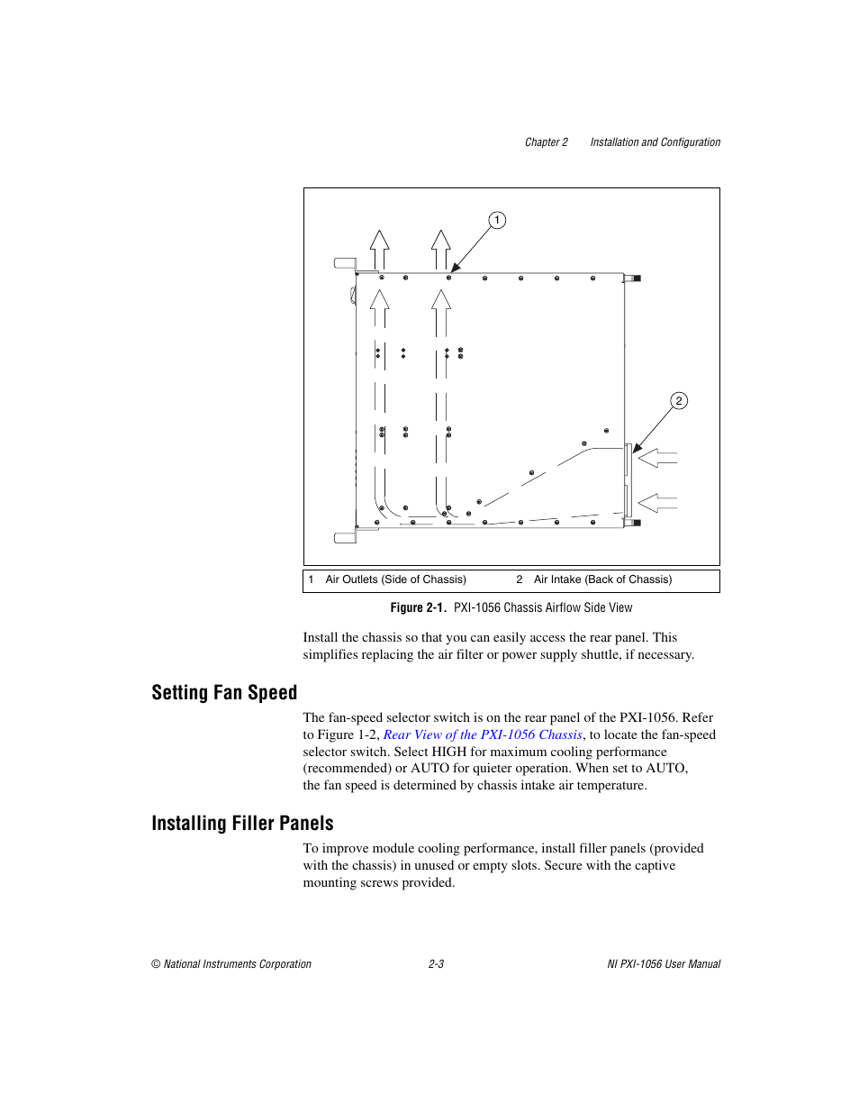 Figure 2-1. pxi-1056 chassis airflow side view, Setting fan speed, Installing filler panels | Setting fan speed -3 installing filler panels -3 | National Instruments NI PXI-1056 User Manual | Page 18 / 65