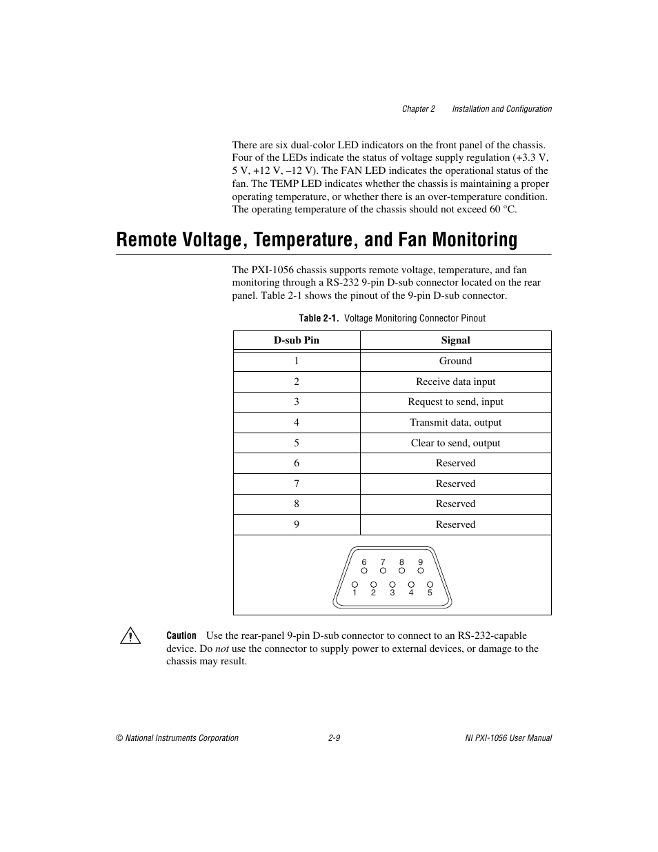 Remote voltage, temperature, and fan monitoring, Table 2-1. voltage monitoring connector pinout, Remote voltage, temperature, and fan monitoring -9 | National Instruments NI PXI-1056 User Manual | Page 24 / 65