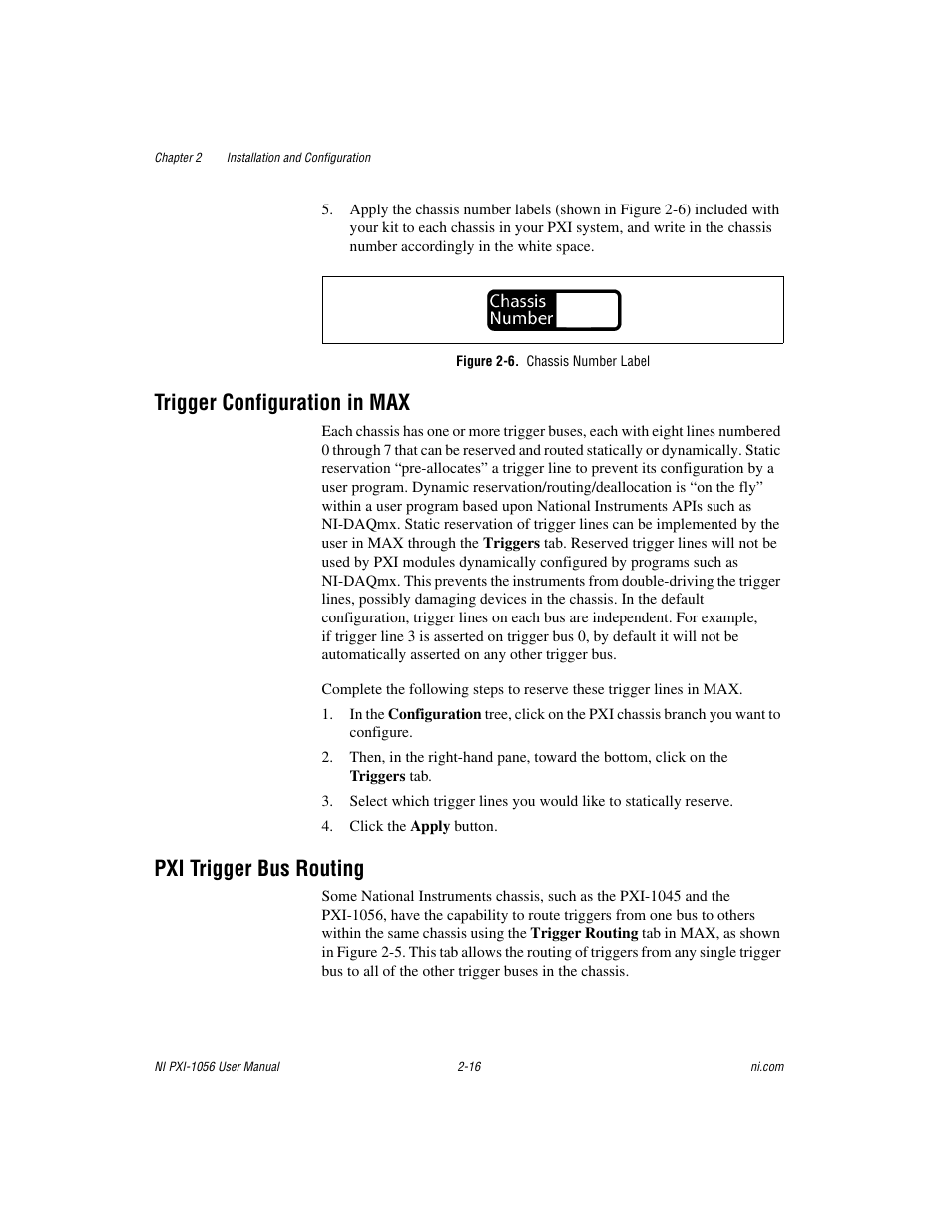 Figure 2-6. chassis number label, Trigger configuration in max, Pxi trigger bus routing | National Instruments NI PXI-1056 User Manual | Page 31 / 65