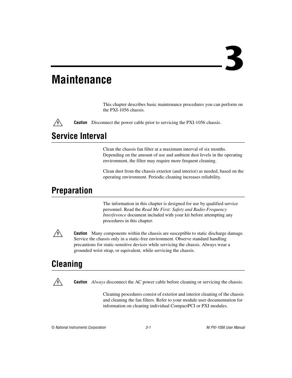 Chapter 3 maintenance, Service interval, Preparation | Cleaning, Service interval -1 preparation -1 cleaning -1, Maintenance | National Instruments NI PXI-1056 User Manual | Page 33 / 65
