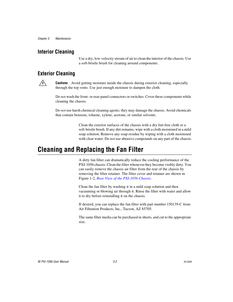 Interior cleaning, Exterior cleaning, Cleaning and replacing the fan filter | Interior cleaning -2 exterior cleaning -2, Cleaning and replacing the fan filter -2 | National Instruments NI PXI-1056 User Manual | Page 34 / 65