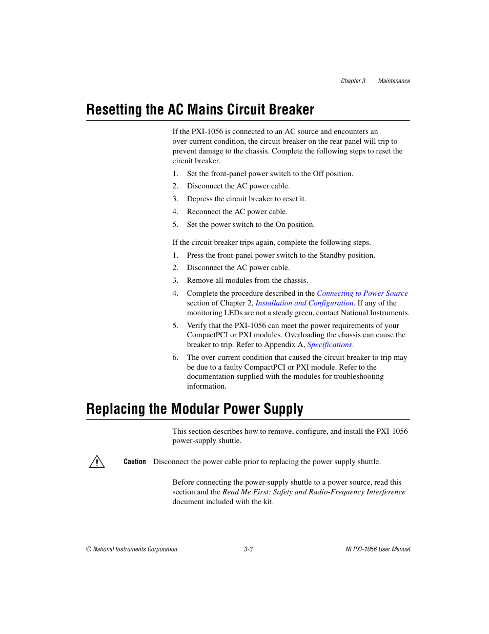 Resetting the ac mains circuit breaker, Replacing the modular power supply | National Instruments NI PXI-1056 User Manual | Page 35 / 65