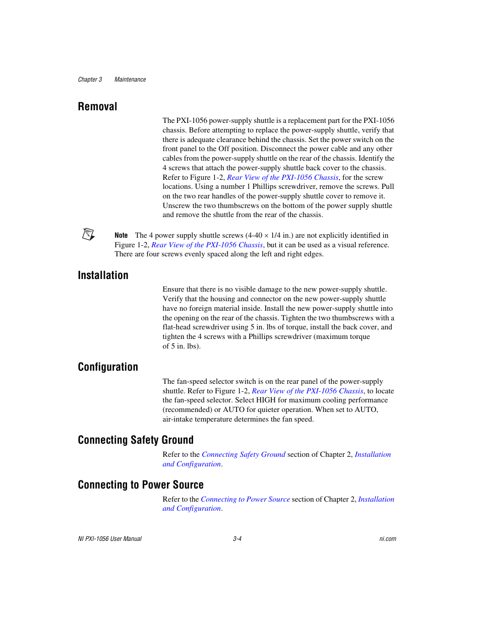 Removal, Installation, Configuration | Connecting safety ground, Connecting to power source | National Instruments NI PXI-1056 User Manual | Page 36 / 65