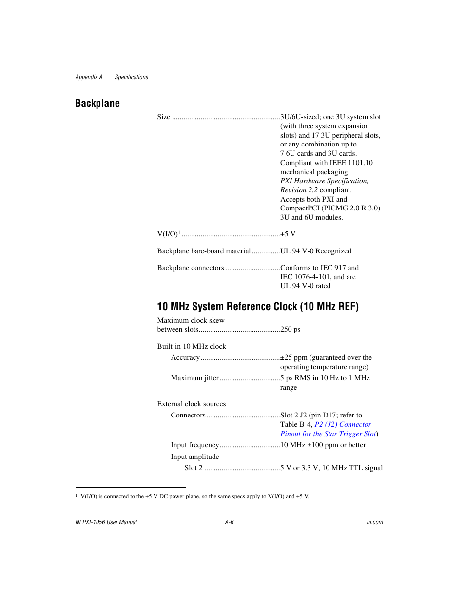 Backplane, 10 mhz system reference clock (10 mhz ref) | National Instruments NI PXI-1056 User Manual | Page 42 / 65