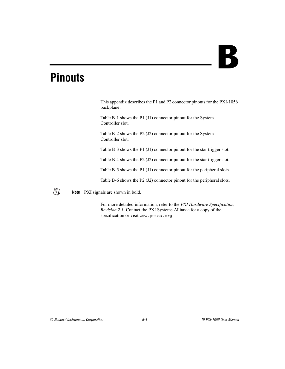 Appendix b pinouts, Pinouts, Ndix b | National Instruments NI PXI-1056 User Manual | Page 47 / 65
