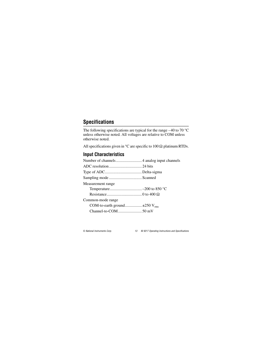 Specifications, Input characteristics | National Instruments NI 9217 User Manual | Page 13 / 28