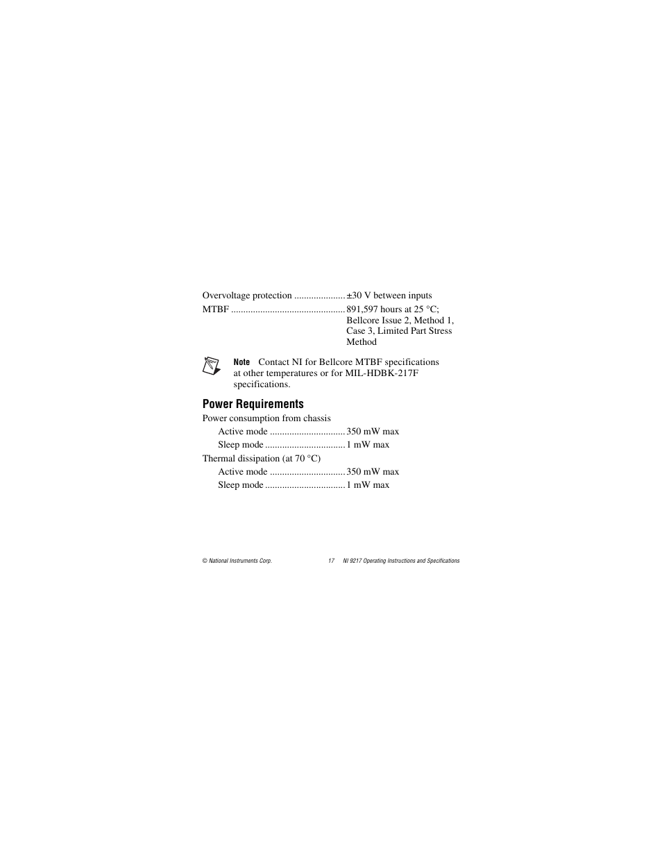 Power requirements | National Instruments NI 9217 User Manual | Page 17 / 28