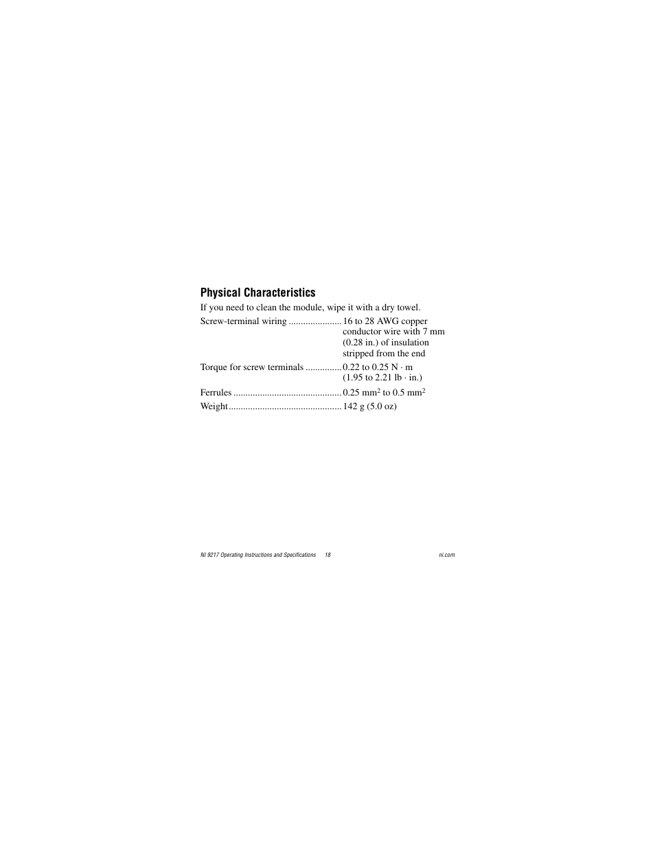 Physical characteristics | National Instruments NI 9217 User Manual | Page 18 / 28