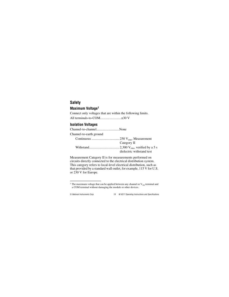 Safety, Maximum voltage, Isolation voltages | National Instruments NI 9217 User Manual | Page 19 / 28