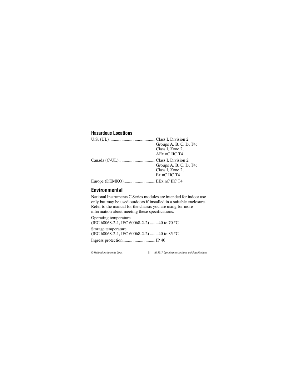 Hazardous locations, Environmental | National Instruments NI 9217 User Manual | Page 21 / 28