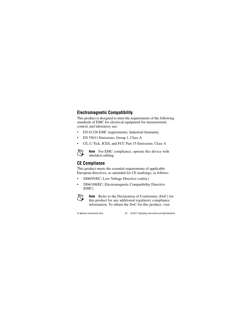 Electromagnetic compatibility, Ce compliance | National Instruments NI 9217 User Manual | Page 23 / 28