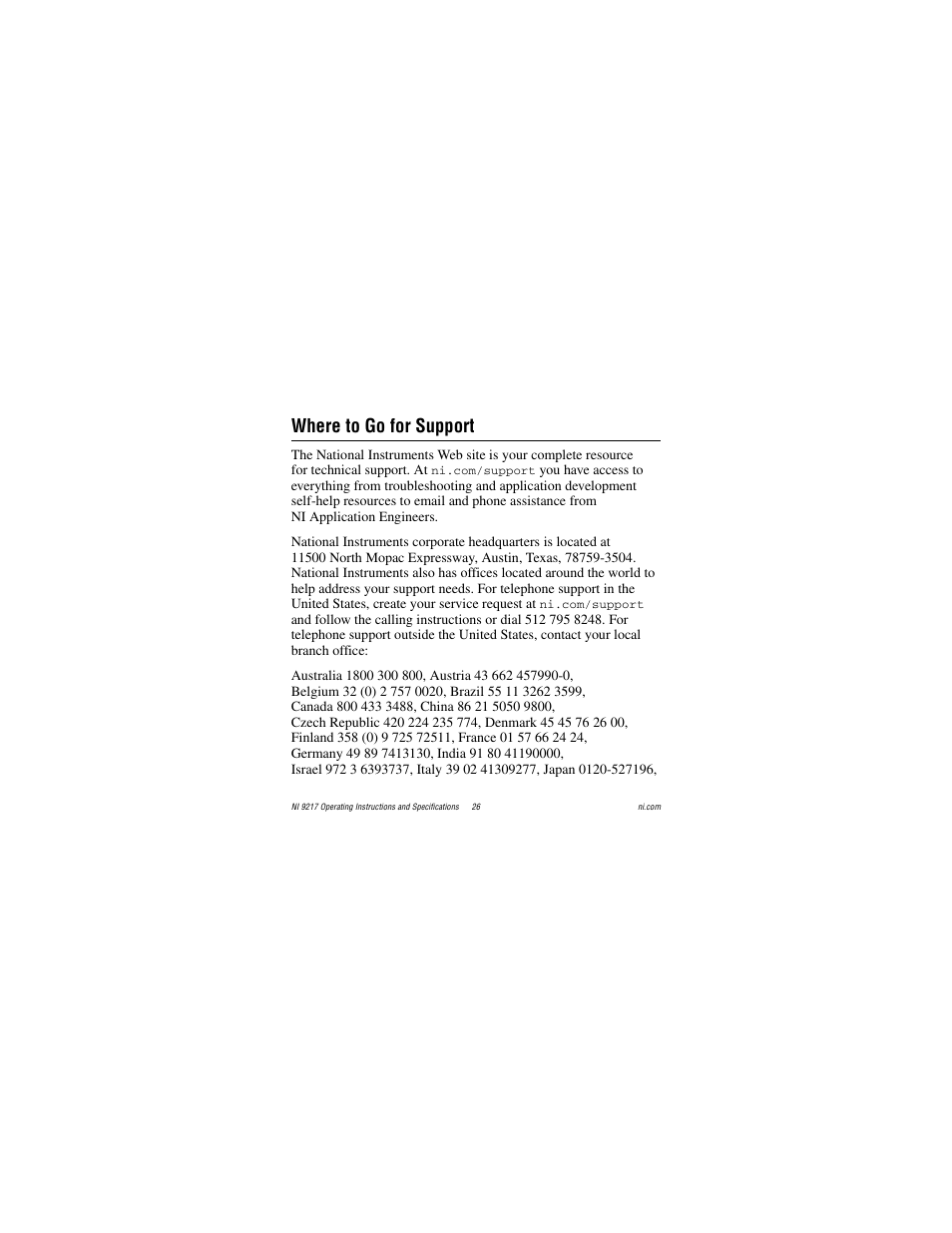 Where to go for support | National Instruments NI 9217 User Manual | Page 26 / 28