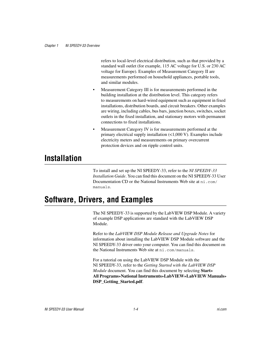 Installation, Software, drivers, and examples, Installation -4 software, drivers, and examples -4 | National Instruments Signal Processing Engineering Educational Device NI SPEEDY-33 User Manual | Page 11 / 45