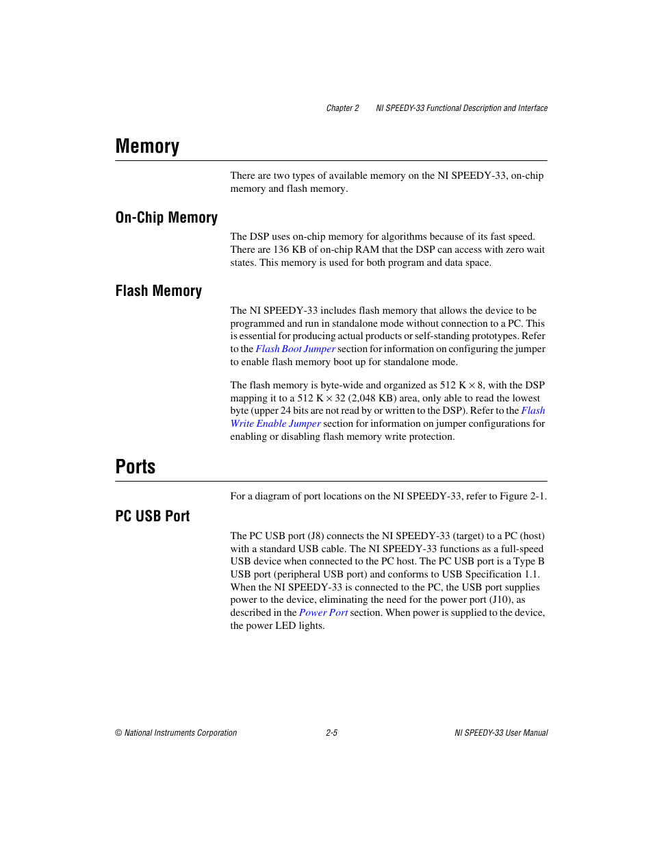 Memory, On-chip memory, Flash memory | Ports, Pc usb port, Memory -5, On-chip memory -5 flash memory -5, Ports -5, Pc usb port -5 | National Instruments Signal Processing Engineering Educational Device NI SPEEDY-33 User Manual | Page 17 / 45
