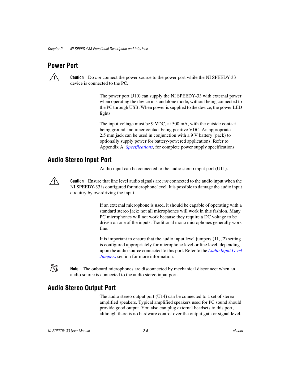 Power port, Audio stereo input port, Audio stereo output port | National Instruments Signal Processing Engineering Educational Device NI SPEEDY-33 User Manual | Page 18 / 45