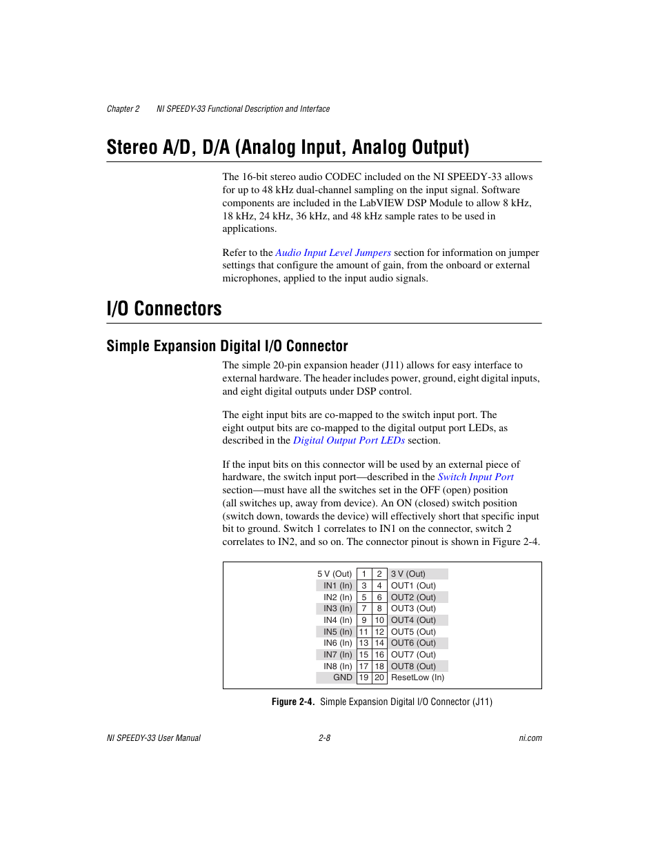 Stereo a/d, d/a (analog input, analog output), I/o connectors, Simple expansion digital i/o connector | Simple expansion digital i/o connector -8, Simple, Expansion digital i/o connector, Section, Simple expansion, Digital i/o connector | National Instruments Signal Processing Engineering Educational Device NI SPEEDY-33 User Manual | Page 20 / 45