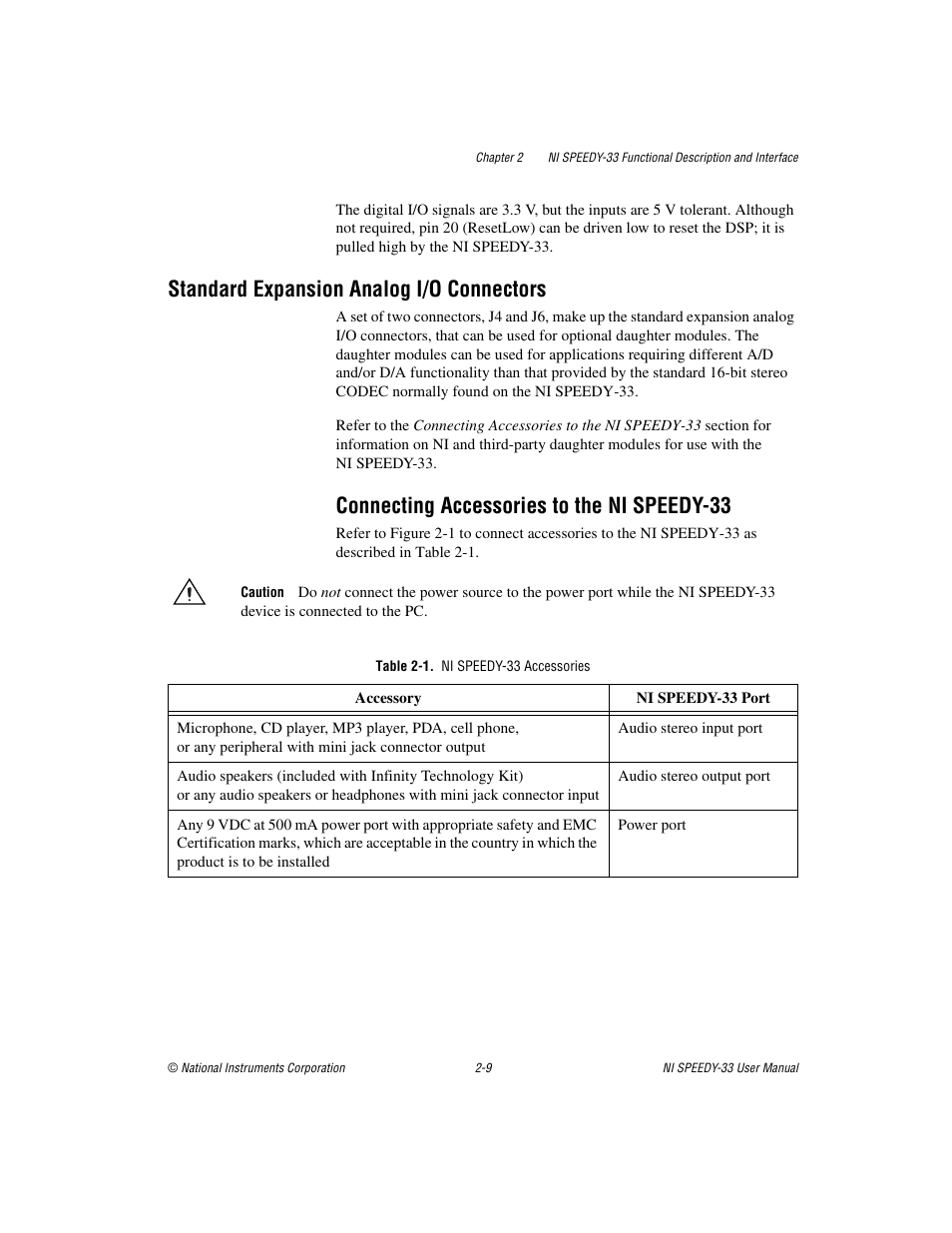 Standard expansion analog i/o connectors, Connecting accessories to the ni speedy-33, Table 2-1. ni speedy-33 accessories | Standard expansion analog i/o connectors -9, Connecting accessories to the ni speedy-33 -9 | National Instruments Signal Processing Engineering Educational Device NI SPEEDY-33 User Manual | Page 21 / 45