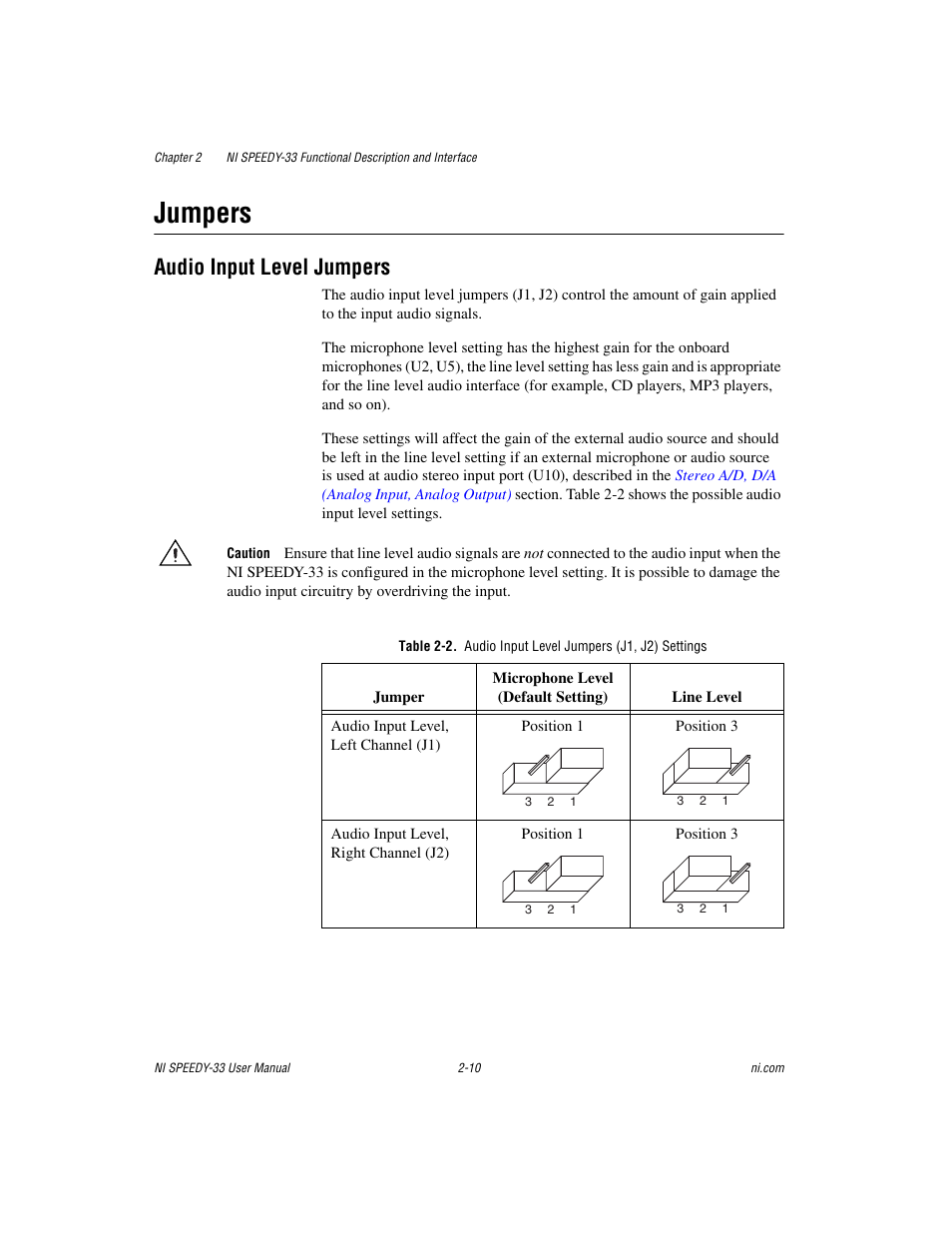 Jumpers, Audio input level jumpers, Jumpers -10 | Audio input level jumpers -10, Refer to the, Audio input level, Secti | National Instruments Signal Processing Engineering Educational Device NI SPEEDY-33 User Manual | Page 22 / 45