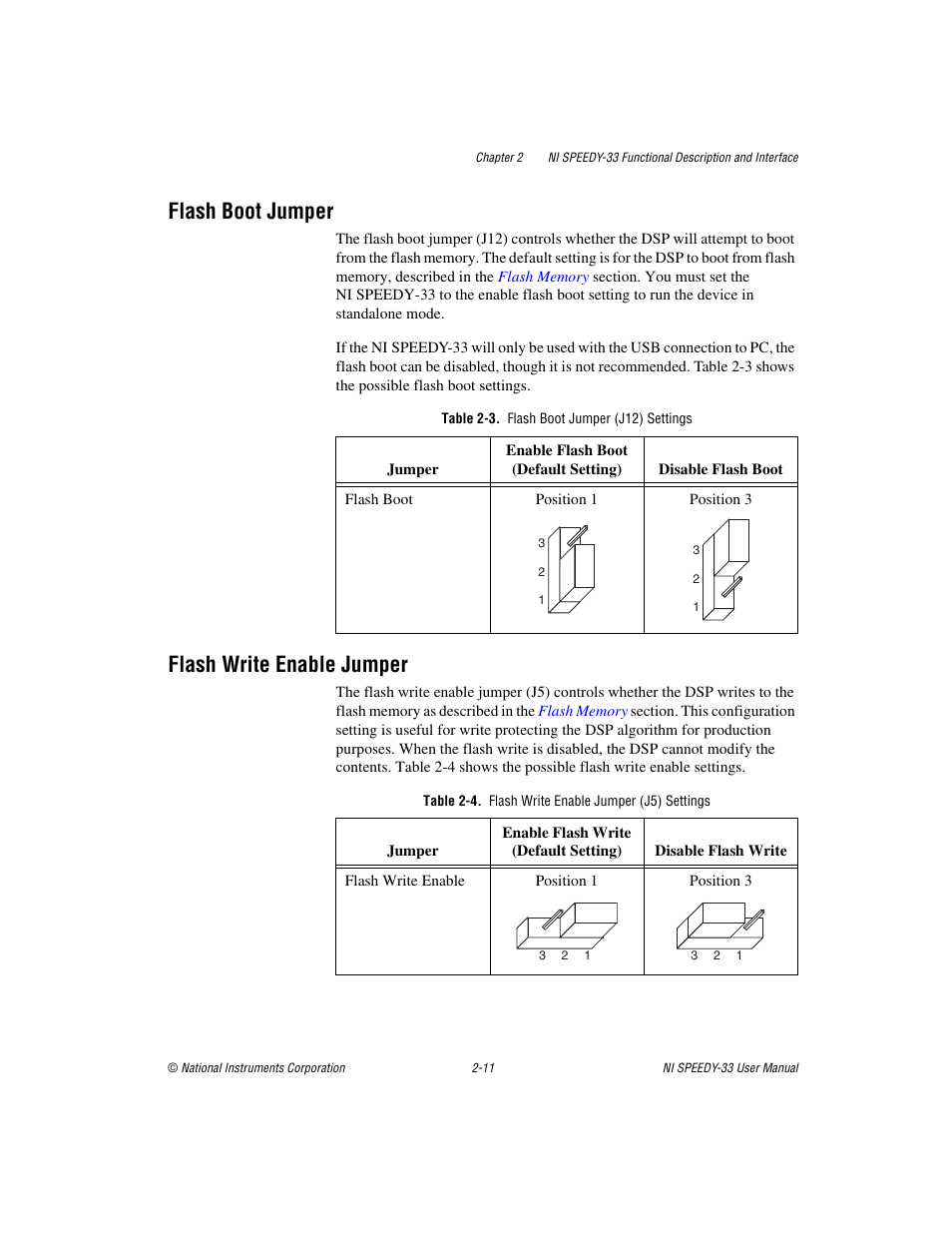 Flash boot jumper, Table 2-3. flash boot jumper (j12) settings, Flash write enable jumper | Table 2-4. flash write enable jumper (j5) settings, To the, Flash, Write enable jumper, Sect | National Instruments Signal Processing Engineering Educational Device NI SPEEDY-33 User Manual | Page 23 / 45