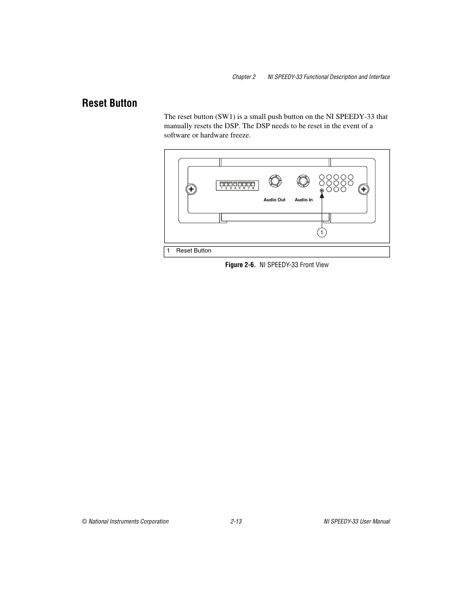 Reset button, Figure 2-6. ni speedy-33 front view, Reset button -13 | National Instruments Signal Processing Engineering Educational Device NI SPEEDY-33 User Manual | Page 25 / 45