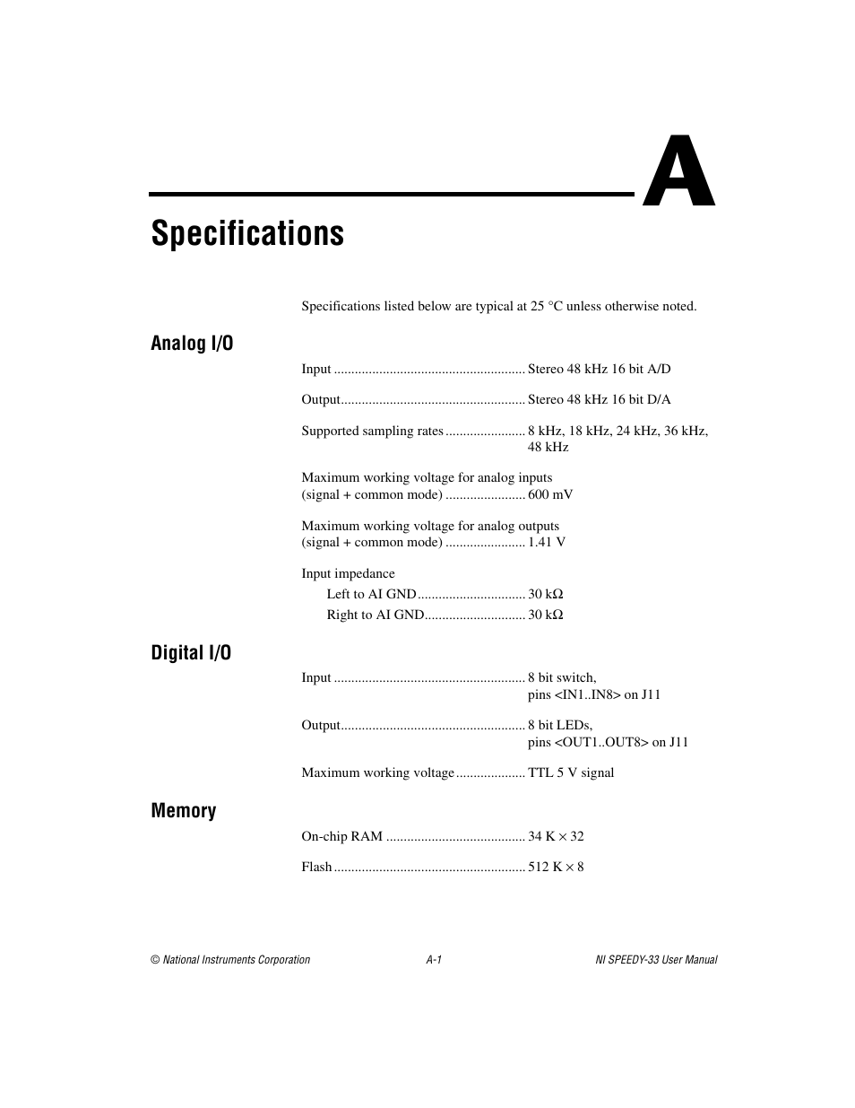 Appendix a specifications, Specifications | National Instruments Signal Processing Engineering Educational Device NI SPEEDY-33 User Manual | Page 26 / 45