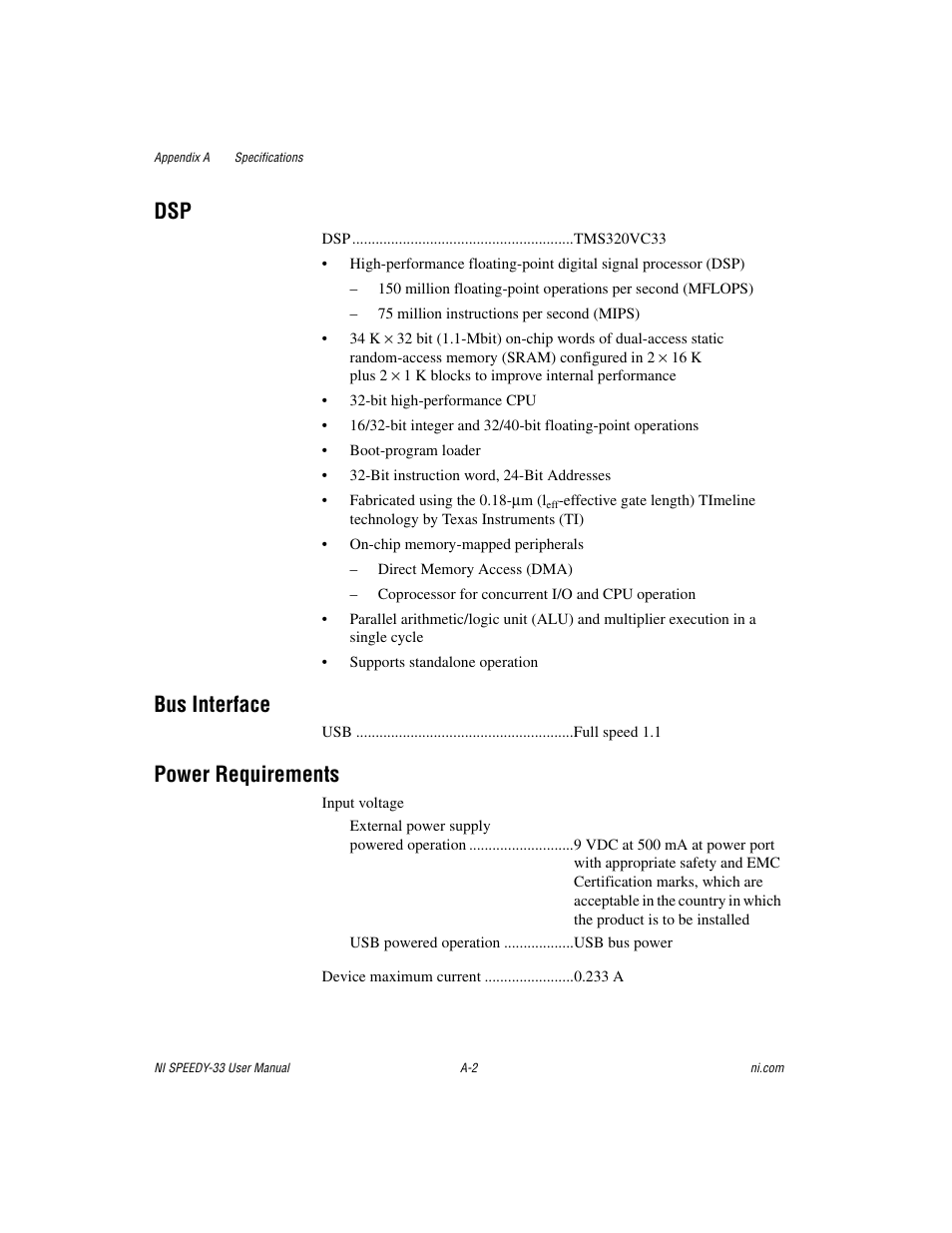 Bus interface, Power requirements | National Instruments Signal Processing Engineering Educational Device NI SPEEDY-33 User Manual | Page 27 / 45