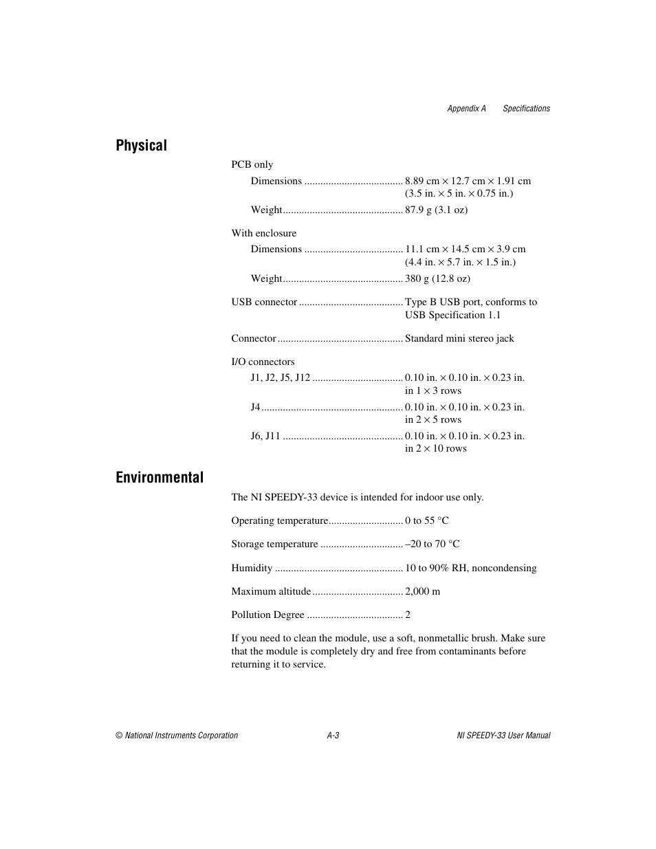 Physical, Environmental | National Instruments Signal Processing Engineering Educational Device NI SPEEDY-33 User Manual | Page 28 / 45