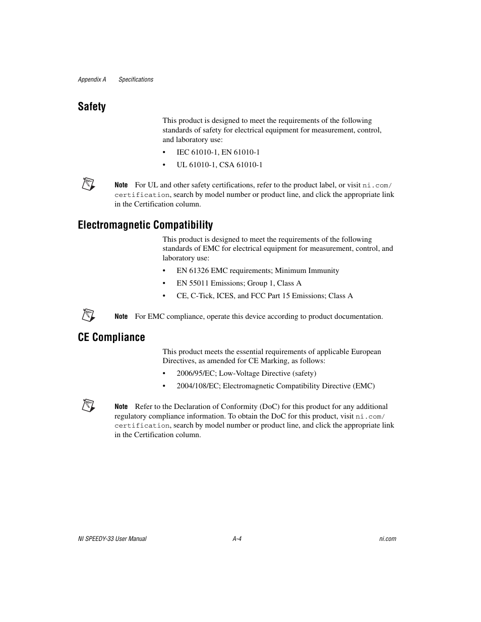 Safety, Electromagnetic compatibility, Ce compliance | National Instruments Signal Processing Engineering Educational Device NI SPEEDY-33 User Manual | Page 29 / 45