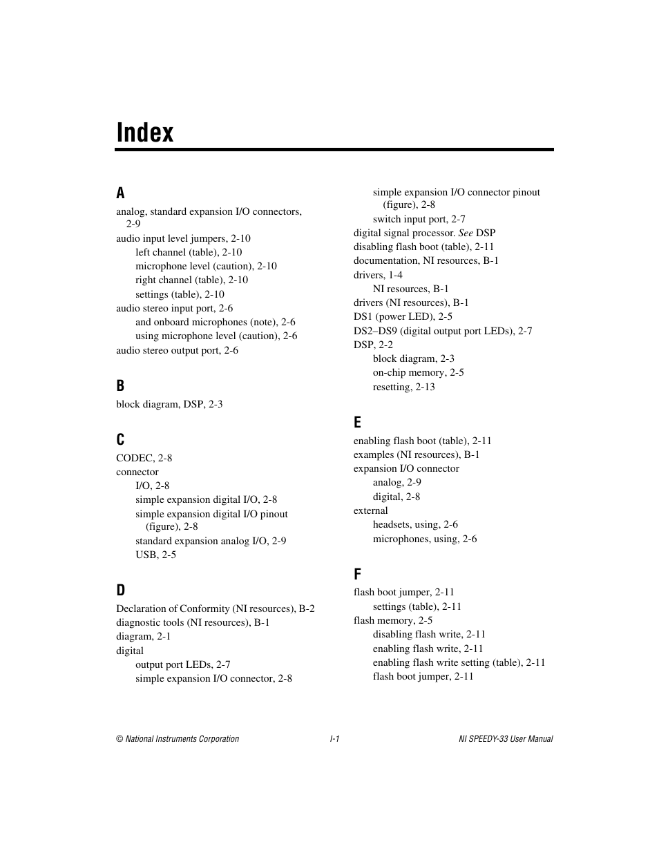 Index | National Instruments Signal Processing Engineering Educational Device NI SPEEDY-33 User Manual | Page 43 / 45