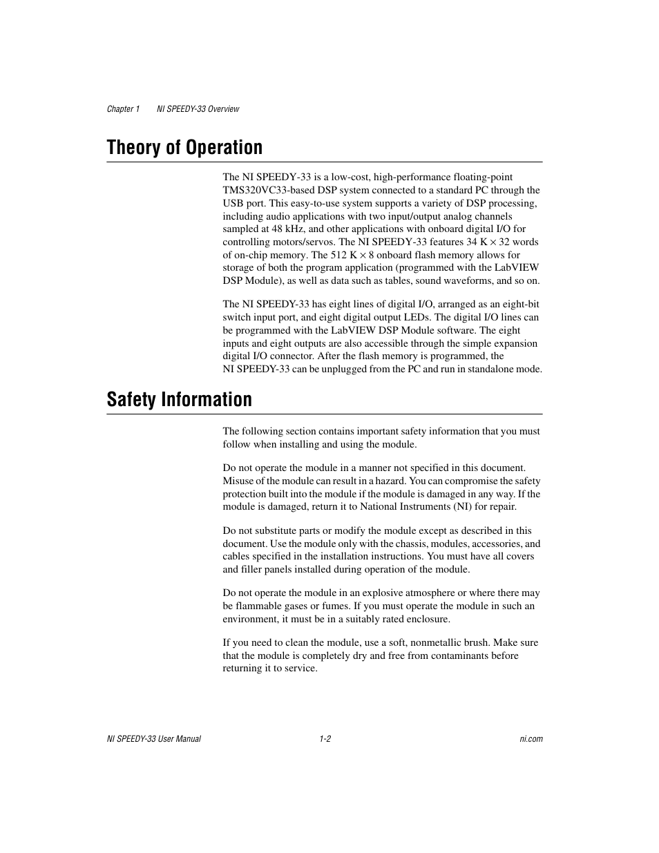 Theory of operation, Safety information, Theory of operation -2 safety information -2 | National Instruments Signal Processing Engineering Educational Device NI SPEEDY-33 User Manual | Page 9 / 45