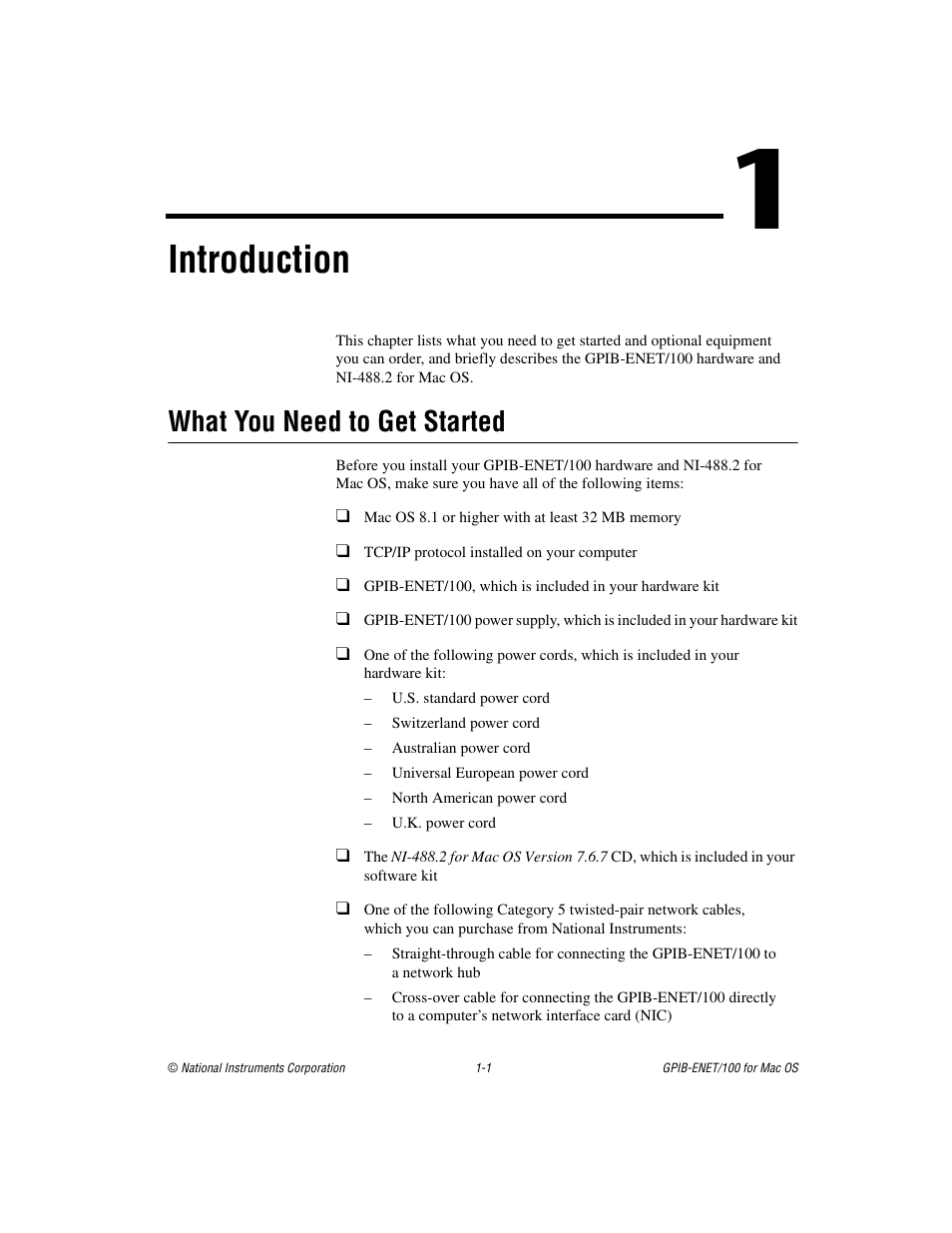 Chapter 1 introduction, What you need to get started, What you need to get started -1 | Introduction | National Instruments GPIB-ENET/100 User Manual | Page 11 / 59