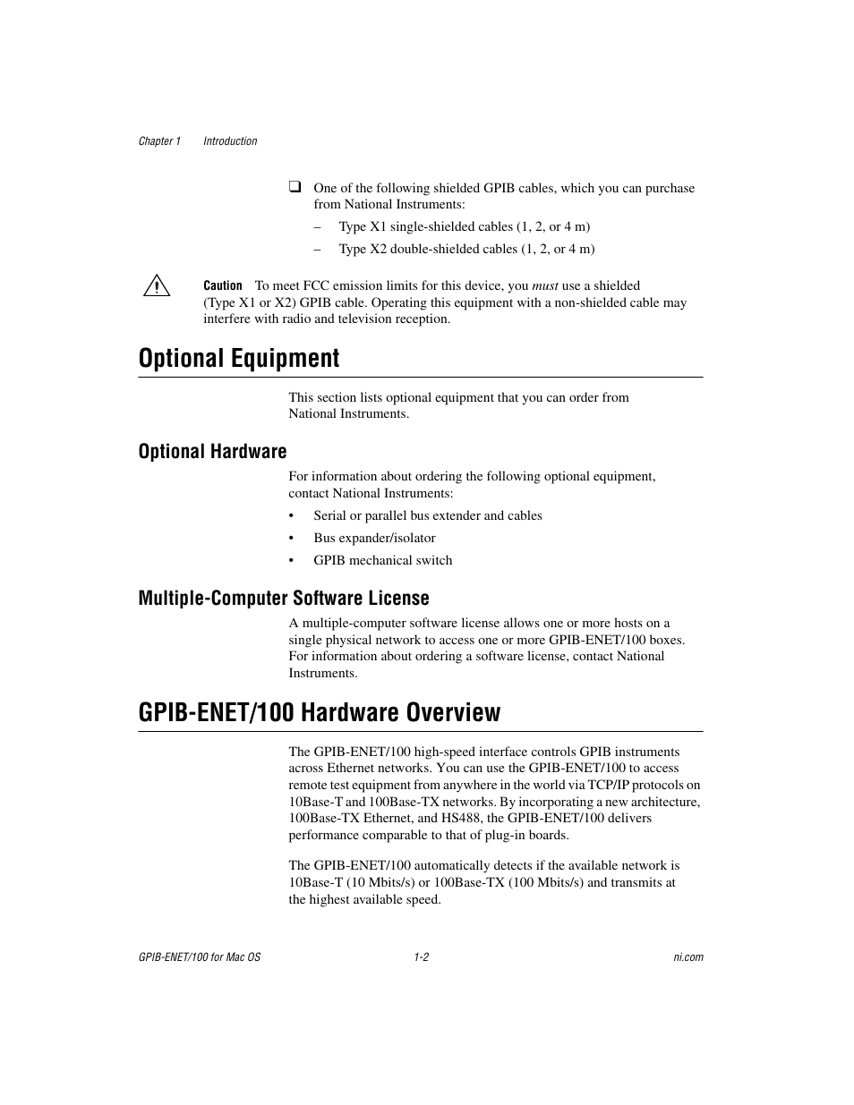 Optional equipment, Optional hardware, Multiple-computer software license | Gpib-enet/100 hardware overview, Optional equipment -2, Gpib-enet/100 hardware overview -2 | National Instruments GPIB-ENET/100 User Manual | Page 12 / 59