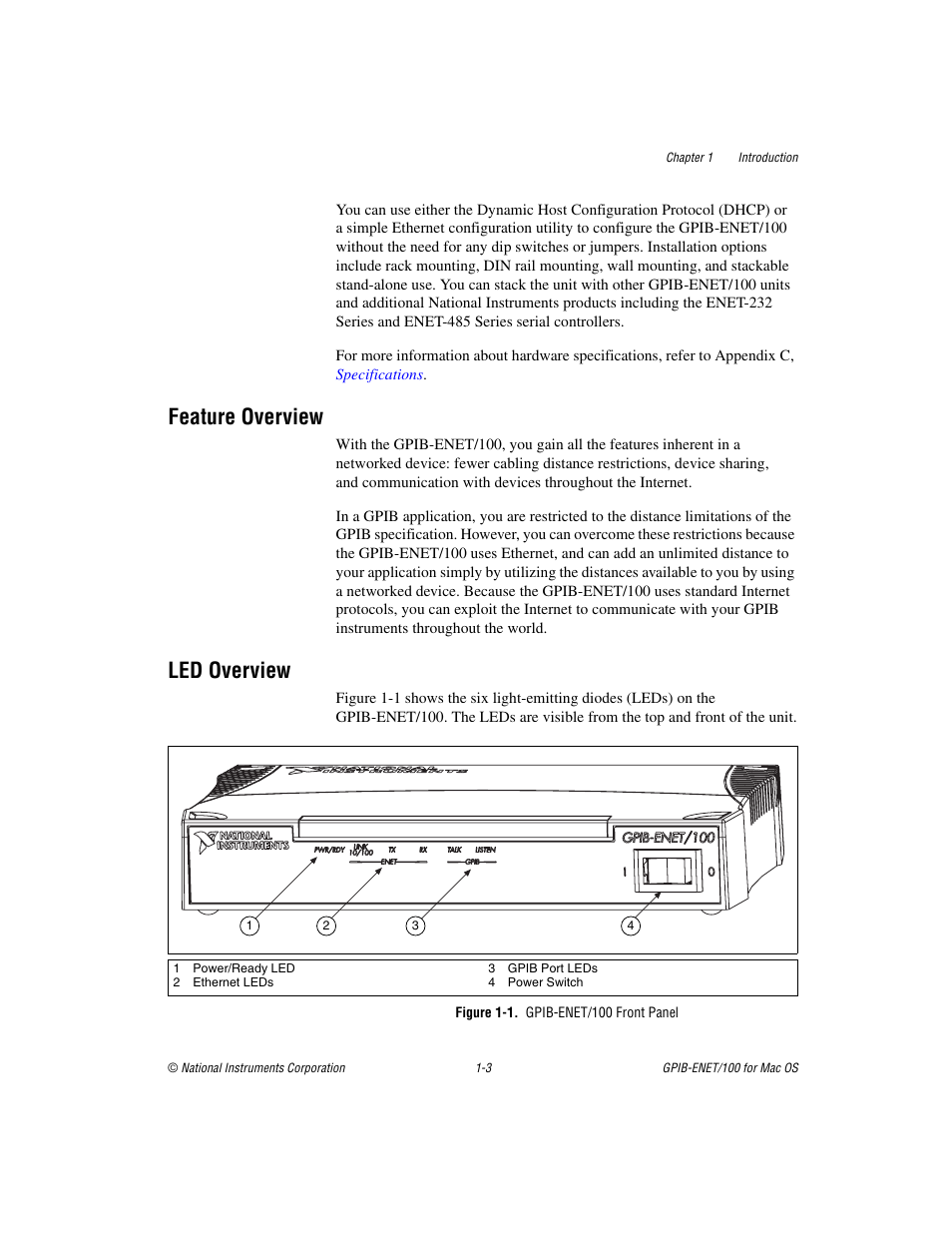 Feature overview, Led overview, Figure 1-1. gpib-enet/100 front panel | Feature overview -3 led overview -3, Figure 1-1, Gpib-enet/100 front panel -3 | National Instruments GPIB-ENET/100 User Manual | Page 13 / 59