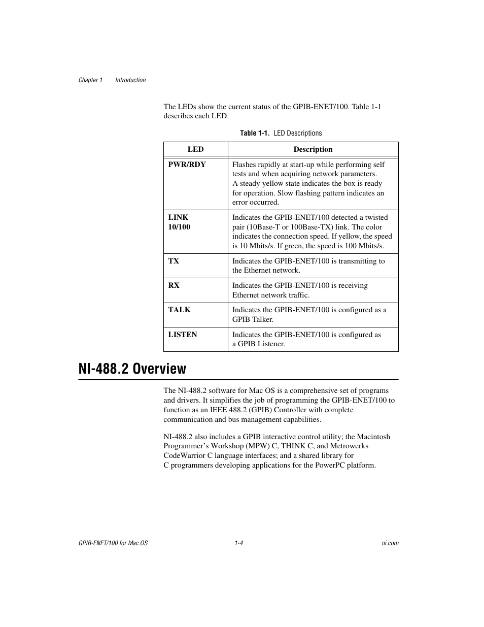 Ni-488.2 overview, Table 1-1. led descriptions, Ni-488.2 overview -4 | Table 1-1, Led descriptions -4 | National Instruments GPIB-ENET/100 User Manual | Page 14 / 59