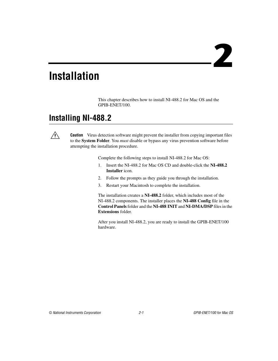Chapter 2 installation, Installing ni-488.2, Installing ni-488.2 -1 | Installation | National Instruments GPIB-ENET/100 User Manual | Page 16 / 59
