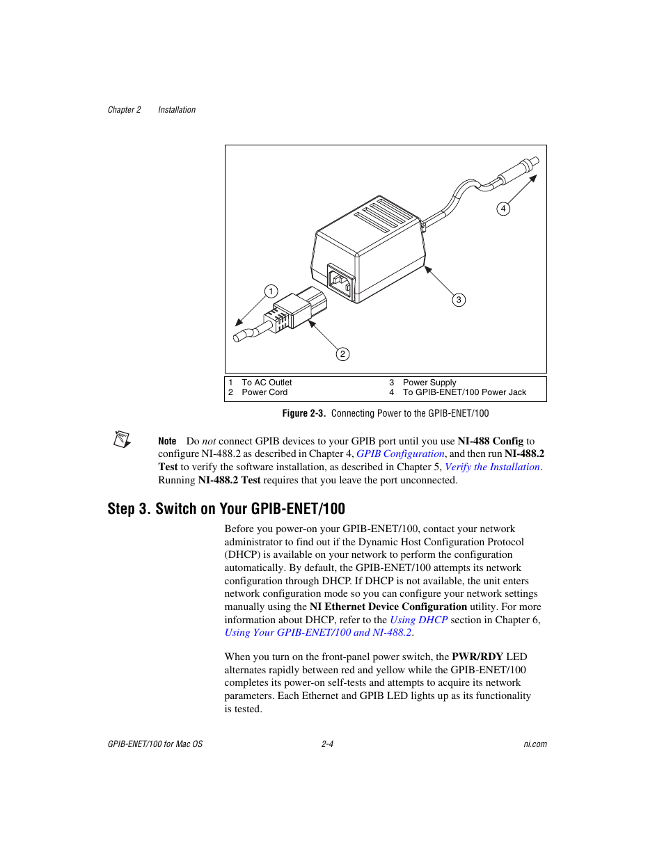 Step3. switch on your gpib-enet/100, Figure 2-3. connecting power to the gpib-enet/100, Step 3. switch on your gpib-enet/100 -4 | Figure 2-3, Connecting power to the gpib-enet/100 -4, Step 3. switch on your gpib-enet/100 | National Instruments GPIB-ENET/100 User Manual | Page 19 / 59