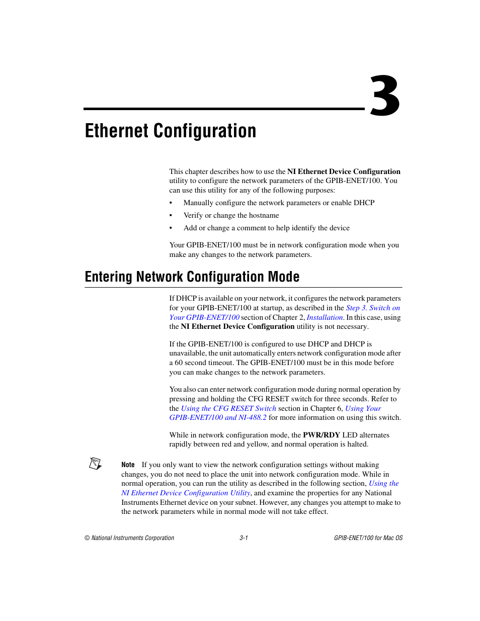 Chapter 3 ethernet configuration, Entering network configuration mode, Entering network configuration mode -1 | Ethernet configuration, Chapter 3 | National Instruments GPIB-ENET/100 User Manual | Page 21 / 59