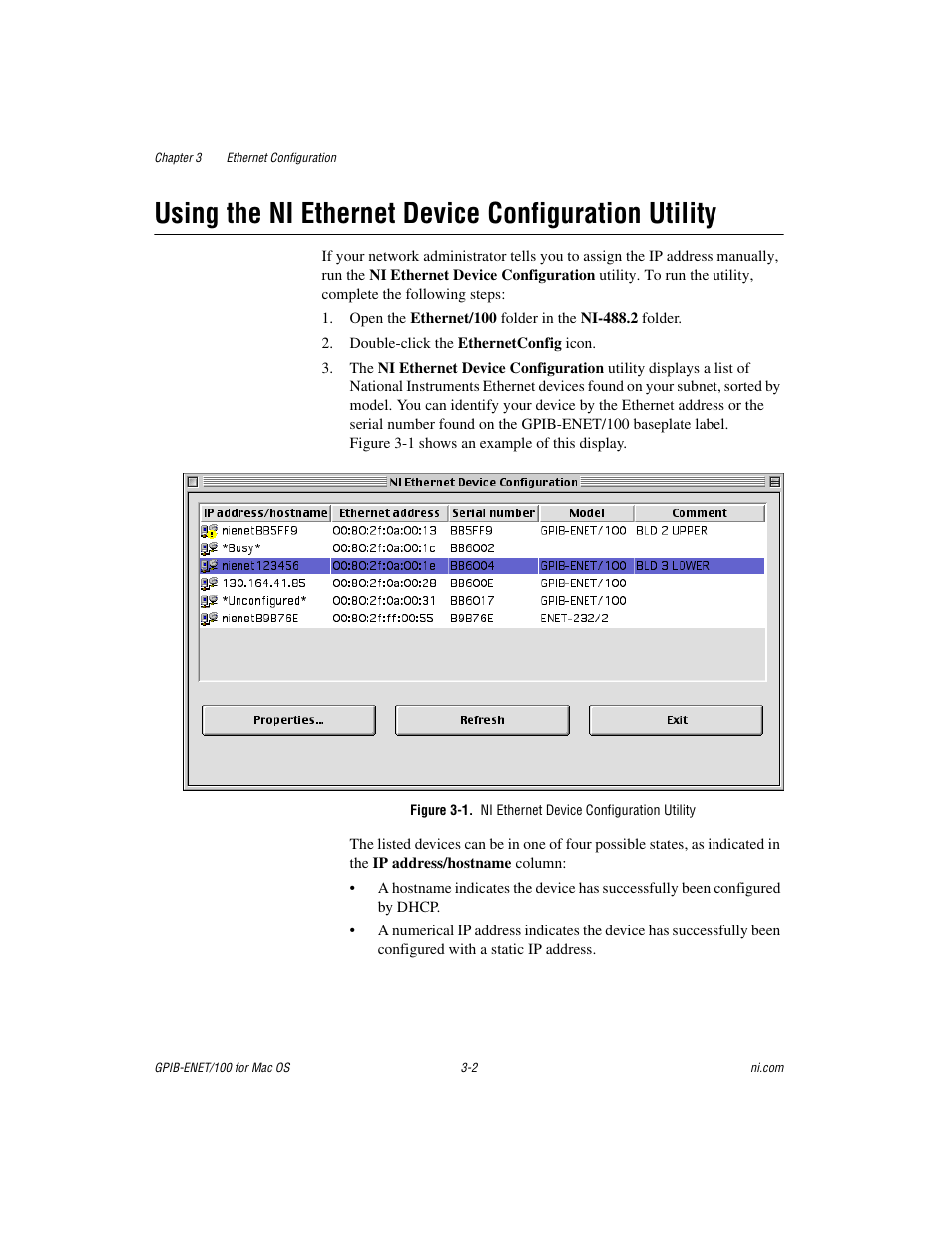 Using the ni ethernet device configuration utility, Figure 3-1, Ni ethernet device configuration utility -2 | Using the, Ni ethernet device configuration utility | National Instruments GPIB-ENET/100 User Manual | Page 22 / 59