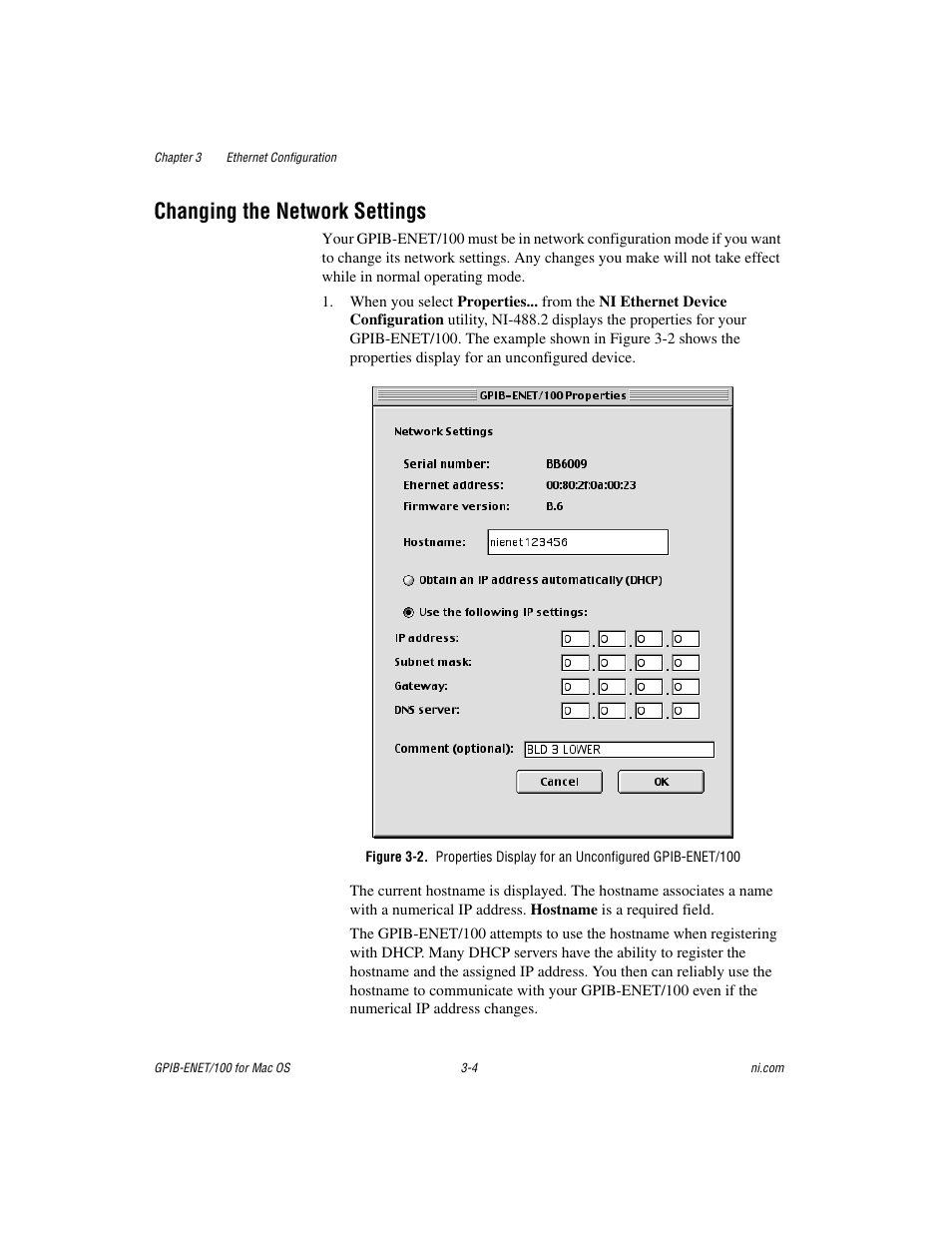 Changing the network settings, Changing the network settings -4, Figure 3-2 | Changing the network, Settings | National Instruments GPIB-ENET/100 User Manual | Page 24 / 59