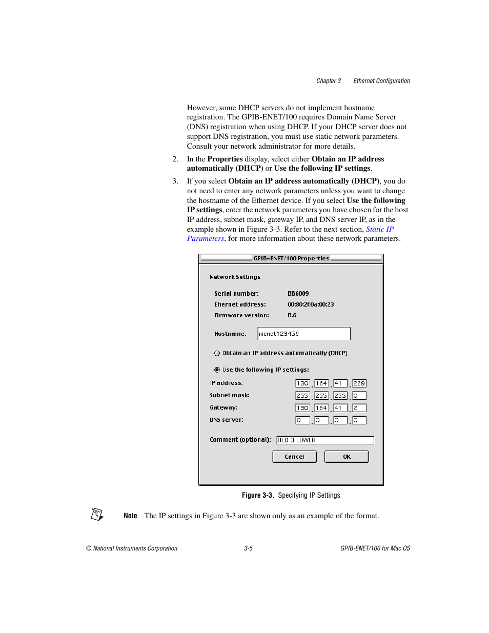 Figure 3-3. specifying ip settings, Figure 3-3, Specifying ip settings -5 | National Instruments GPIB-ENET/100 User Manual | Page 25 / 59